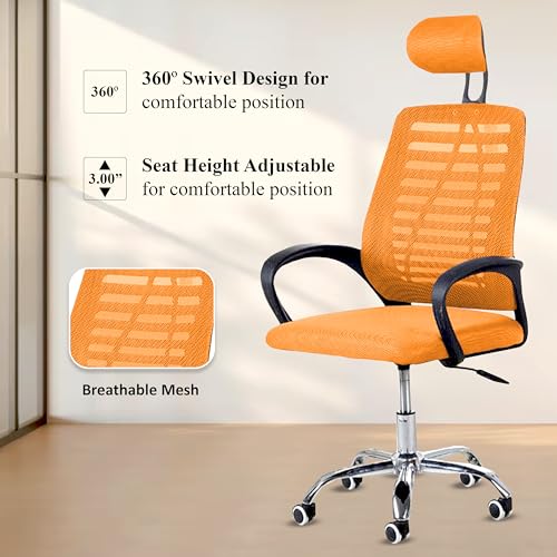 Image of Casa Copenhagen,Mesh Office Desk Chair,Rocking Ergonomic Computer Chair Adjustable High with Headrest and Comfortable Armrest Swivel -Orange & Coal Black Handle