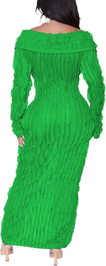 Sexy Button Down Dresses for Women Date Night Off Shoulder See Through Mesh Ruffle Bodycon Maxi Dress - Image 5