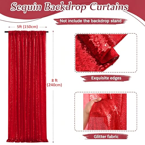 Image of Red Sequin Backdrop Curtains-1 Panel 5FTx8FT Red Backdrop for Wedding, Glitter Party Decorations Background Drapes for Birthday Party Anniversary Graduation Photo Booth Decor