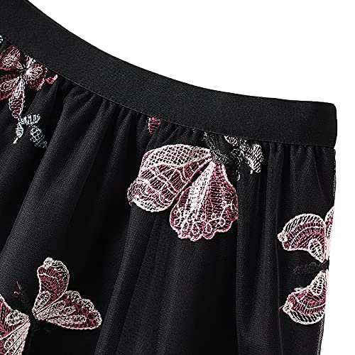 Women's 3D Floral Butterfly Embroidery Tulle Skirts Layered Elastic High Waist Tutu Midi Pleated Mesh A-Line Skirt2