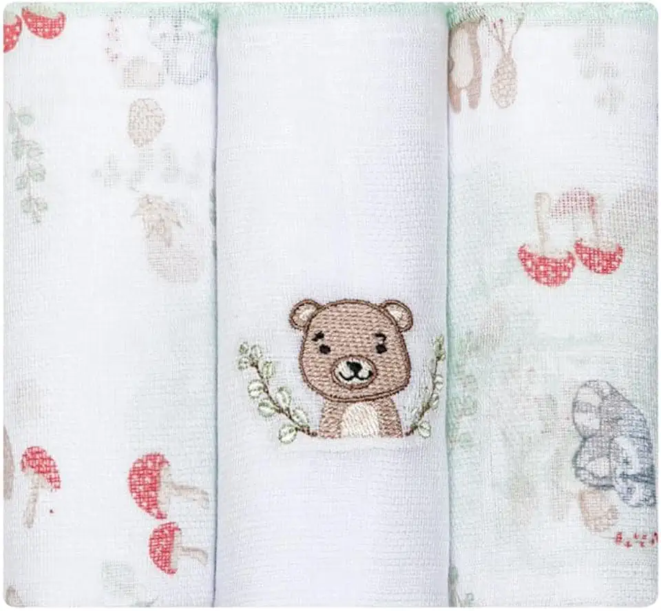 Fralda Papizinha Bordada e Estampada 3un, Urso