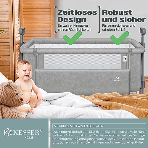 KESSER® Zustellbett Hubi 3in1 Baby Beistellbett Reisebett Babybett mit weich Matratze mit Rollen Kinderbett 5-Fach Höhenverstellung Faltbare Seitenwand für Zuhause und Unterwegs + Spanngurt Hellgrau
