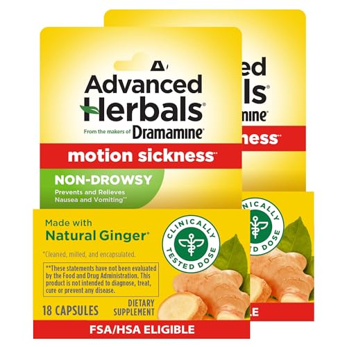 From the Makers of Dramamine, Advanced Herbals with Natural Ginger, for Nausea Relief, Morning Sickness Relief & Motion Sickness Relief During Travel, 18 Capsules, Pack of 2