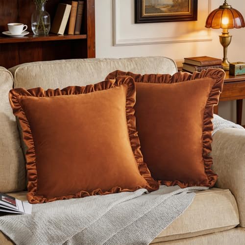 Image of GIGIZAZA Velvet Cushion Covers Pack of 2 50x50 CM Square Burnt Orange Pillow Covers with Ruffle Edges Sofa Cushions Living Room Premium Soft Throw Covers Bedroom Decorative Pillowcase