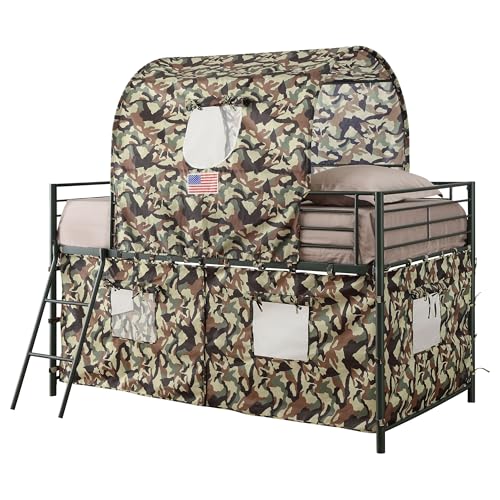 Coaster Home Furnishings Camouflage Rustic Metal Twin Size Army Camouflage Tent Loft Bed Frame with Ladder and Guardrails Fully Slatted Mattress Ready Foundation Green 460331