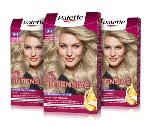 Palette Intensive Creme Color 8-1 Rubio Claro Ceniza, tinte permanente con aceite de macadamia y almendras, cubre el 100% de las canas y raíces, para un pelo radiante, Pack 3