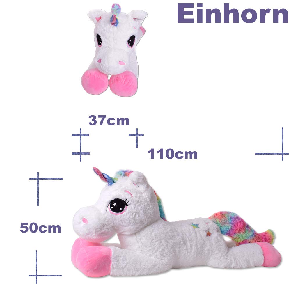 TE-Trend Riesen Einhorn XXL Kuscheltier Plüschtier Stofftier Weiß 110 cm Groß Deko Regenbogen Glitzerhorn Mehrfarbig