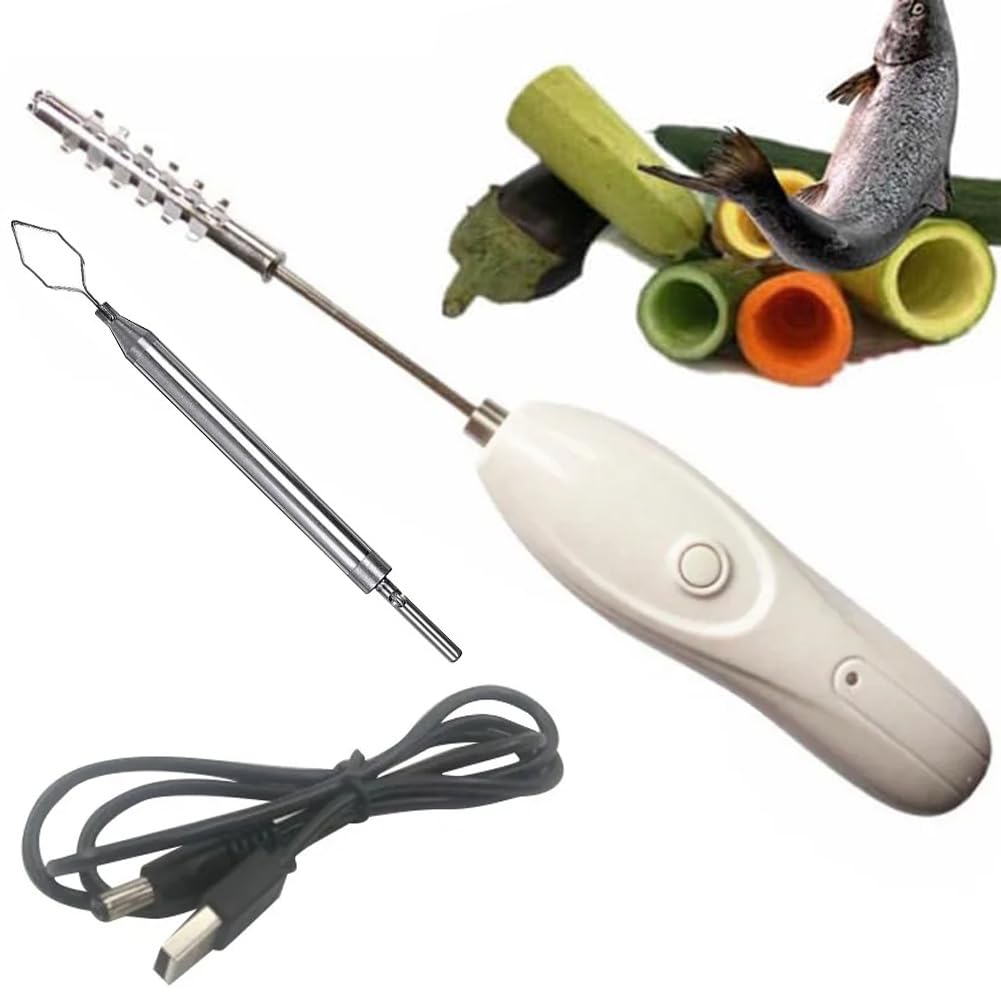 YHUEGH Electric Zucchini & Seafood Corer, 30W Adjustable Speed Vegetable Digging Corer with 2 Cutter Heads, Stainless Steel Fruit Vegetable Seed Remover, Scraping Scale & Descaling Tool