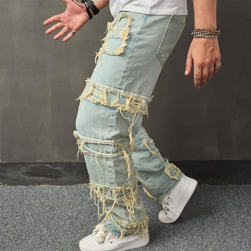 Mens Stacked Leg Jeans Pant Casual Hip Hop Trouser Streetwear Slim Fit Skinny Ripped Jeans4