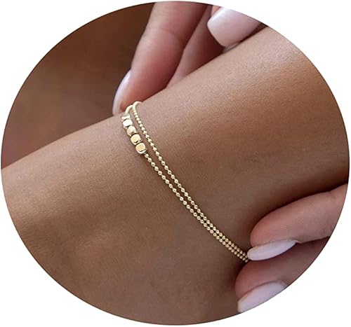 Tasiso Tobilleras chapadas en oro de 14 quilates con cuentas satelitales en capas, con diamantes de imitación, circonitas cúbicas para mujer,