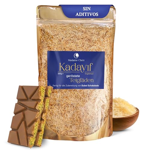 Madame Chéri Kadayif 200 g – Fideos crujientes dorados para chocolate de Dubái y postres – Cabello de ángel ideal para yogur muesli ensaladas y platos gourmet – Sin aceite de palma ni aditivos