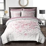 BlessLiving Spring Floral Comforter Set, 8 Pieces Bed in a Bag, Pink Sakura Cherry Flower Bedding Sets, Lightweight Comforter Set for Queen Bed (Comforter, Sheets, Pillowcases, Shams & Cushion Cover)