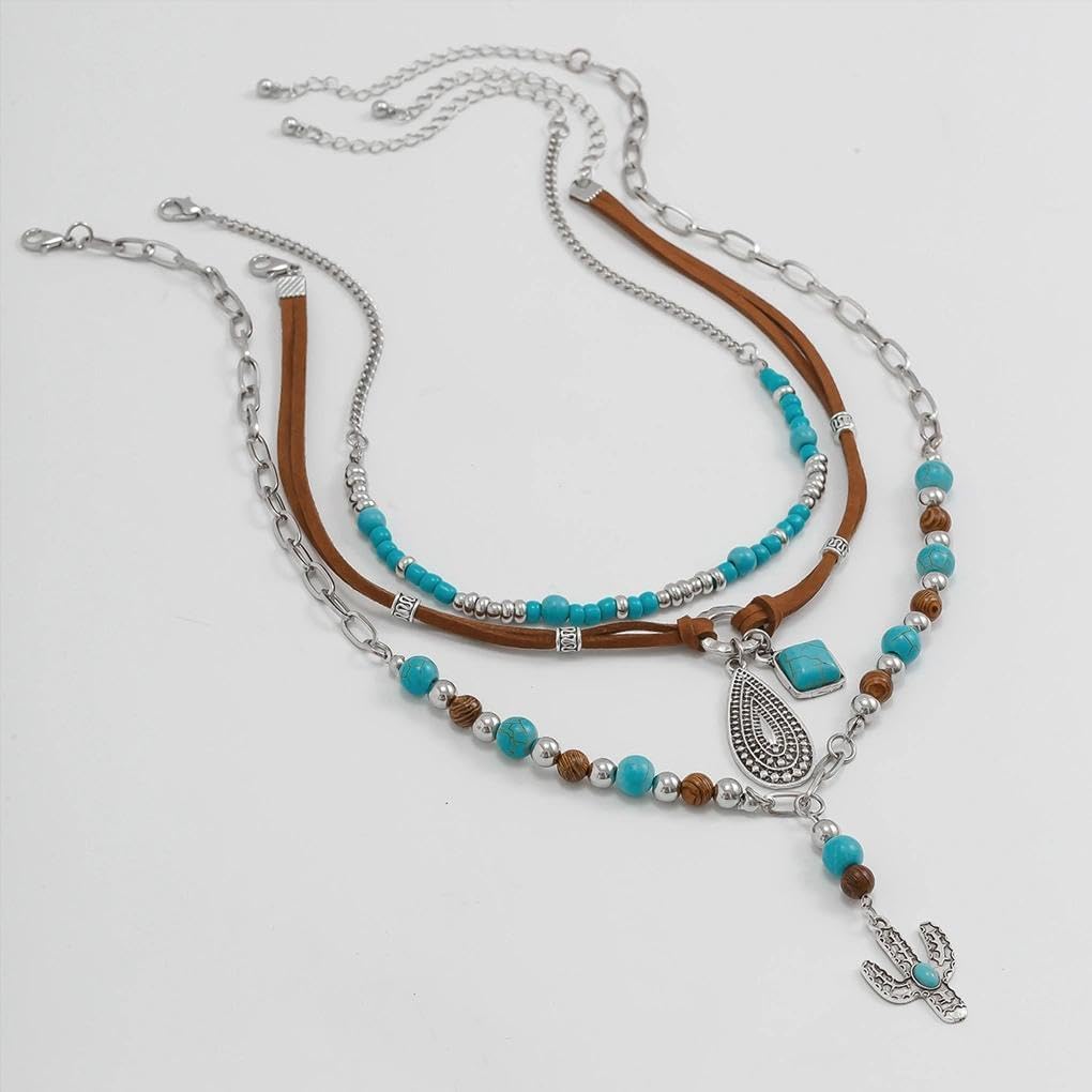 Boho Layered Necklaces for Women Western Turquoise Beaded Leather Necklace Vintage Cactus Pendant Necklaces Country Concert Cowgirl Dresses Accessory - Image 7