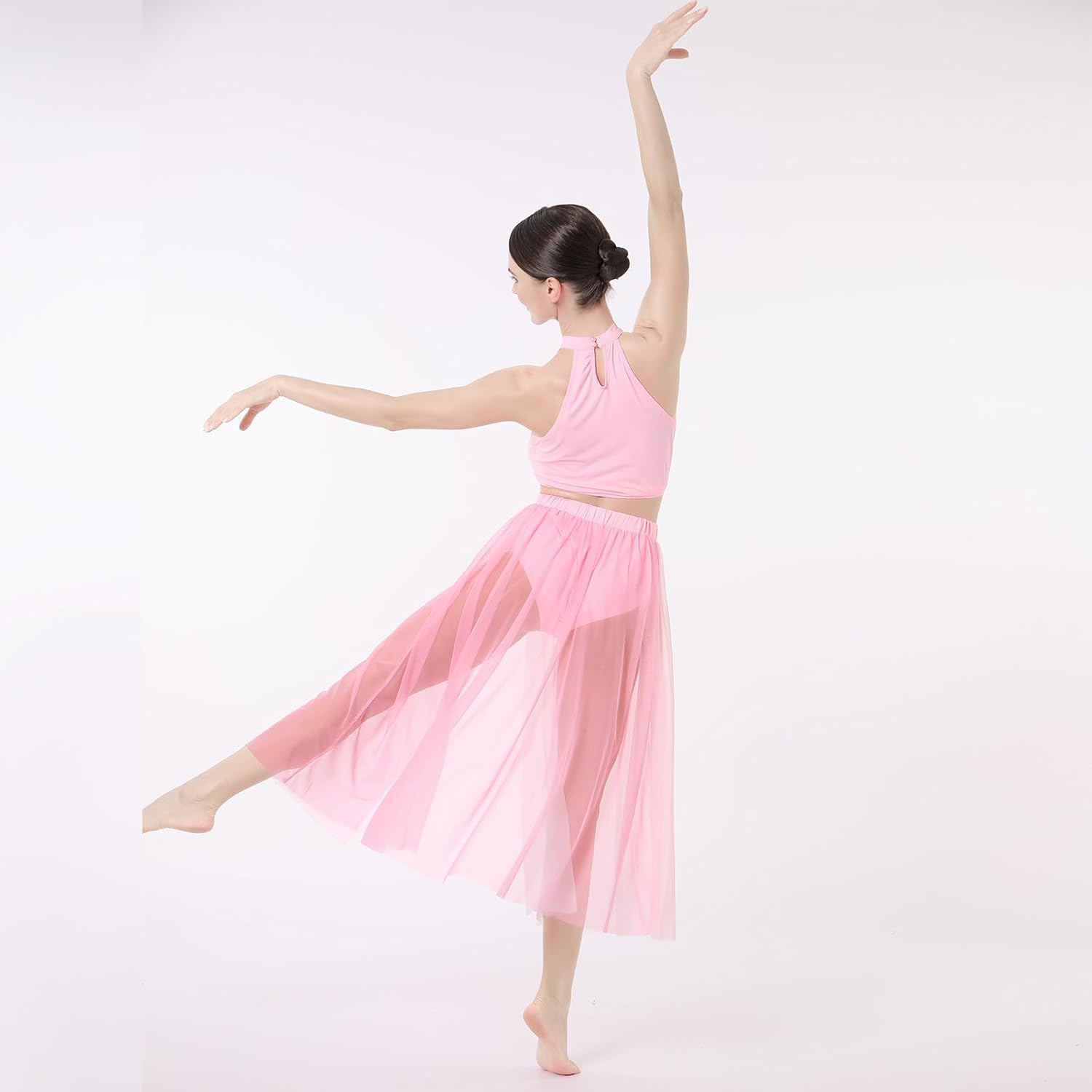 ODASDO Women Lyrical Dance Costumes Contemporary Dancewear Color Block Crop Top + Flowy Leotard Skirt Two Piece Outfit