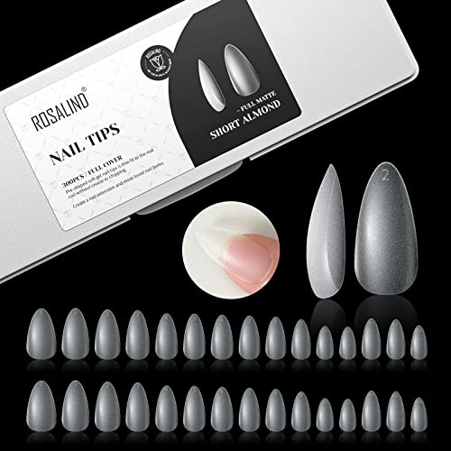Image of 300PCS Full Matte Short Almond Gel Nail Tips,ROSALIND 15 Sizes Full Cover Almond Nail Tips Acrylic Fake Nails Extension Nail Art ,Soak Off Soft Gel Nail Tips DIY Nails Salon for Women (Pre-shaped No Filed)