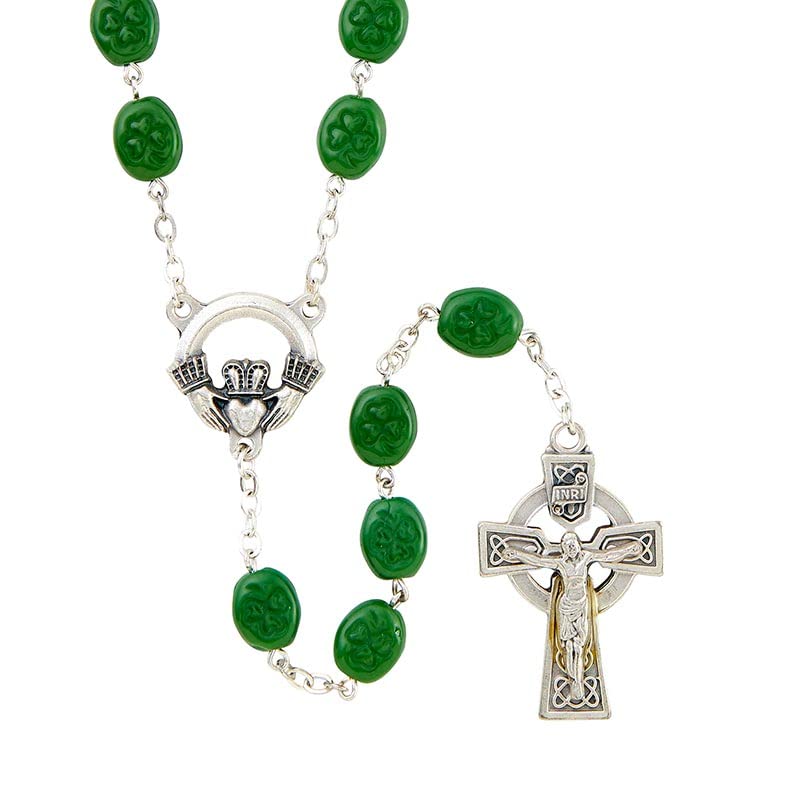 Christian Brands Catholic Shamrock Rosary with Claddagh Centerpiece