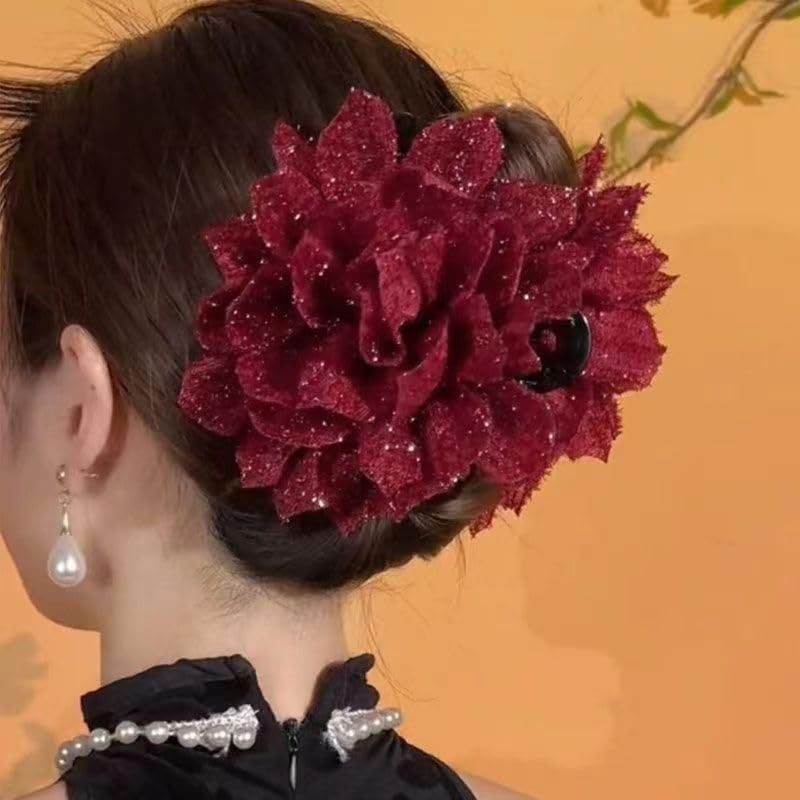 Pinzas de plástico para el cabello con diseño de rosa roja y malla grande