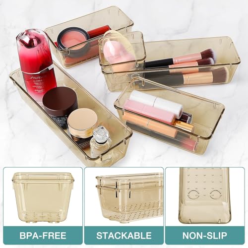 Image of 10 PCS Drawer Organizer Set, 5 Size Bathroom and kitchen organizer Trays | Bathroom and kitchen Drawer cabinet organizer Trays, Clear Storage Bins for Makeup, Jewelry, Utensils and Gadgets
