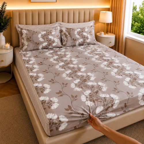 Image of Castiqa Cotton Feels Microfiber Fabric Floral Designs Super King Size Fitted Bedsheet with 2 Pillow Covers 72x78 inch (Fits Upto 12Inch Mattress) (Coffee Floral)