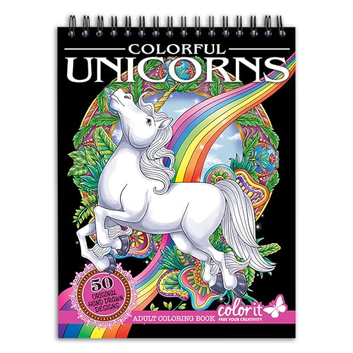 ColorIt Colorful Unicorns Adult Coloring Book - 50 Single-Sided Pages, Thick Smooth Paper, Lay Flat Hardback Covers, Spiral Bound, USA Printed, Hand Drawn Unicorn Coloring Pages