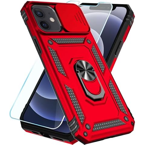 SunStory Compatible with iPhone 12 Case/iPhone 12 Pro Case with HD Screen Protector & Slide Camera Cover & Rotated Ring Kickstand,[Military-Grade] Phone Case for iPhone 12/12 Pro (Red) Cover
