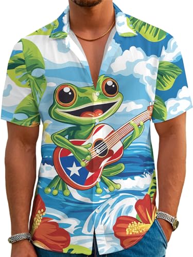 Men's Hawaiian Shirt Puerto Rico Coqui Frog Short Sleeve Casual Button Down Shirt Novelty Frog Print Tropical Beach Shirt