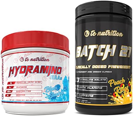 Batch 27 Pre Workout + Hydramino EAA/BCAA Powder - The Perfect Pre-Workout & Intra Workout Bundle for Intense Energy, Strength, Endurance, & Hydration. Peach Rings & Blue Slushie