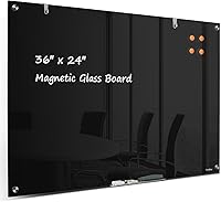 Tankee Black Magnetic Glass Dry Erase Whiteboard 36x24 Frameless Tempered Glass Wall Mount for Office Home School