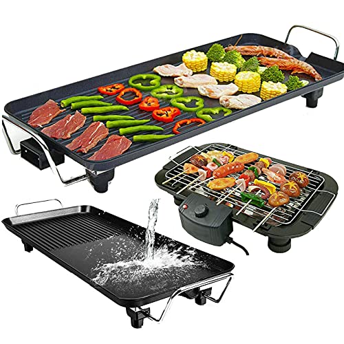Electric Griddle Non-Stick Teppanyaki Grill Pan Smokeless Barbecue Grill Large Table Top Cooking Grill Portable Indoor Hot Plate with Fat Drip Tray and Adjustable Temperature - XL 67x29.5x8.5cm