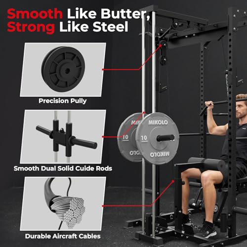 Image of Mikolo F4 2.0 Power Cage with Dual-Track Smooth Pulley System, 1200LBS Power Rack with Leg Hold-Down for Heavy LAT Pulldowns (Black, F4 2.0 Package)