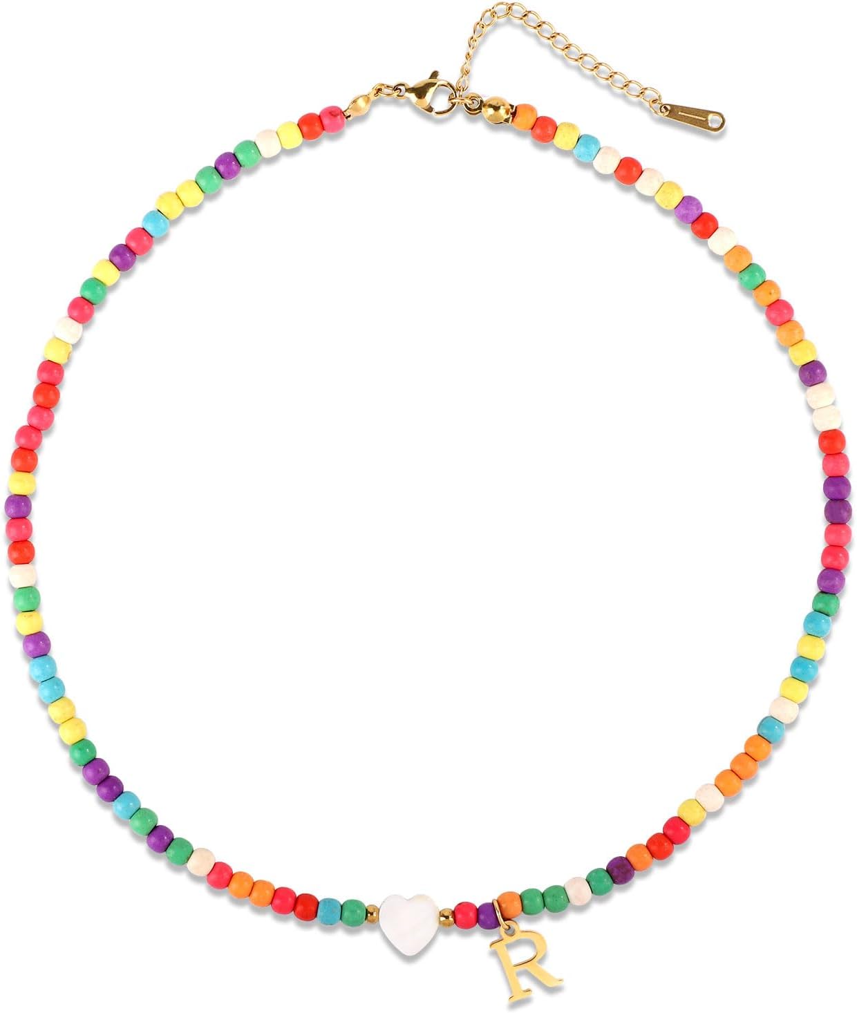 Initial Beaded Necklace, Colorful Cute Beaded Necklace with Heart Shells Stylish Letter Pendant Necklace Handmade Personalized A-Z Gifts for Women Girls (Letter R), 1024820