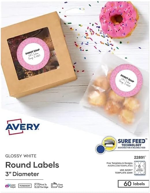 Image of Avery Glossy White Labels, Sure Feed Technology, 3 inch Round Labels, Print-to-The-Edge, Laser /Inkjet, 60 Count (22891) (Pack of 5)