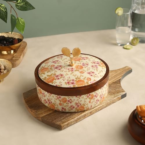 Image of Handcrafted Premium Wooden Roti Casserole, Roti box, Chapati Box, Hotpot roti box, Roti Dabba, Wooden Roti box with Gold Embossed Butterfly Knob(9x9x4 Inch)