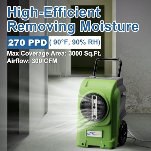 Image of ALORAIR 270 PPD LGR Commercial Dehumidifier with Pump & Drain Hose, Portable Industrial Dehumidifiers with Wheels for Water Damage Restore, Basement, Garage, 6 Years Warranty (Green)