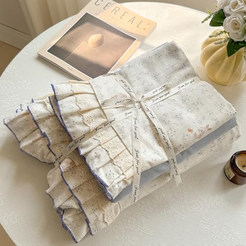 Image of VM VOUGEMARKET Cute Rabbit Duvet Cover Twin with Ruffles Botanical Flower Duvet Cover with Zipper Ties Soft Muslin Cotton Romantic Girls Lace Comforter Cover with 2 Pillow Shams