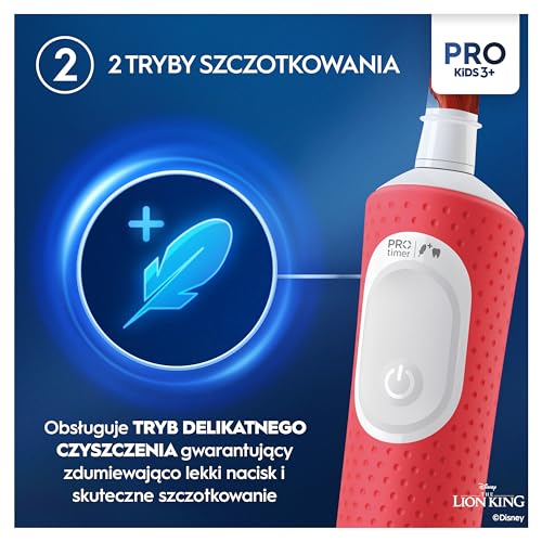 Oral-B Pro Kids Szczoteczka elektryczna Król Lew, 1 rączka szczoteczki dla dzieci Pro Kids, 1 ładowarka, 1 końcówka do szczoteczki, 1 etui podróżne, stworzona w technologii Braun