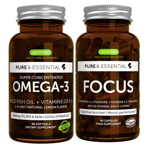 Omega-3 & Vitamin D3 1000Iu + Focus Brain Booster Bundle, Fast-Acting 1-A-Day Epa & Dha Rtg Wild Fish Oil + Caffeine, L-Theanine, Taurine & L-Tyrosine, B-Vitamins, Zinc & Copper, By Igennus #TOP11