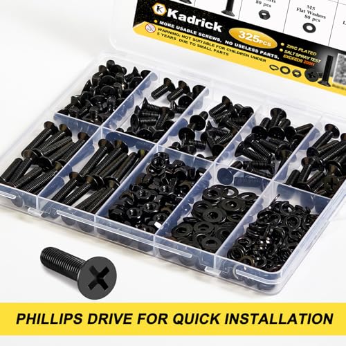 Image of KADRICK 325Pcs M5 Countersunk Screws,M5 Flat Head Screws,Phillips Bolts Nuts Washers Assortment Kit,Zinc Plated,Lenth of 8MM-30MM