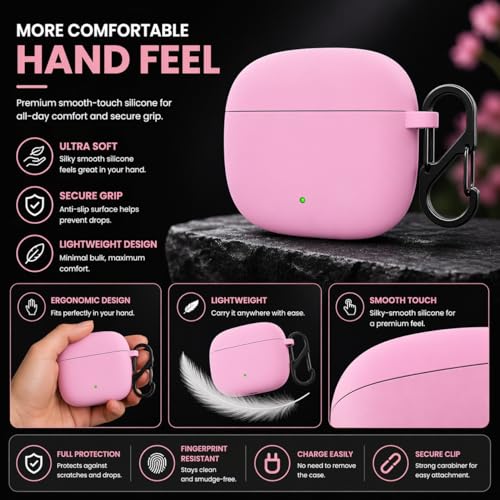 Image of Anvique Silicone Case Cover for Oneplus Nord Buds 4 Pro, Scratch Resistance, Shock Absorption, with Premium Carabiner (Pink)