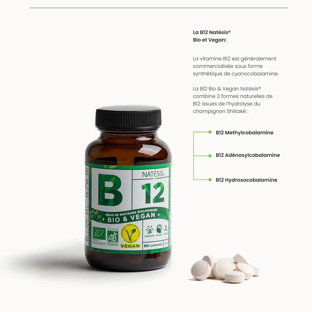 Natésis Vitamine B12 Bio & Vegan – Issue du Shiitaké – Formes naturelles Méthyl + Adénosyl + Hydroxy – 10 µg/jour – Certifiée Ecocert & V-Label – 90 Comprimés