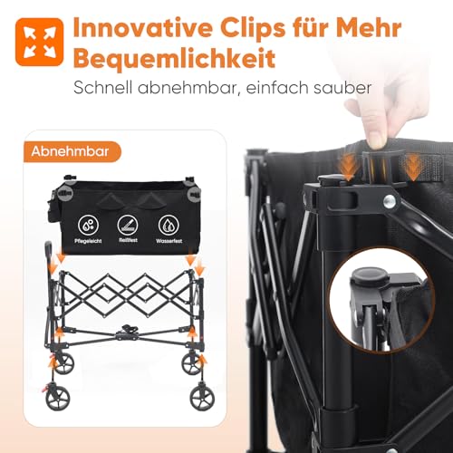 SUNULA Bollerwagen Faltbar Tragkraft 120KG, Klappbarer Handwagen mit EIN-klick-Handgriff & 4-seitig zusammenfaltbar, Geländegängig Räder mit Bremsen 150L, Schwarz