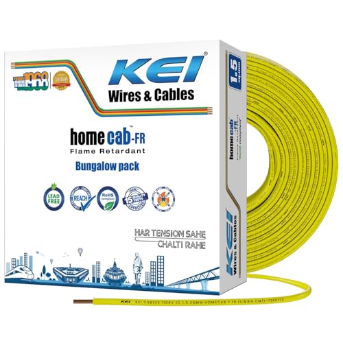 Image of KEI WIRES & CABLES Homecab 1.5 sqmm 1 Core 99.97% Pure Copper Conductor Flame Retardant House Wire PVC Insulated Cable for Domestic & Industrial Electrical Wiring (Yellow, 180 Meters)