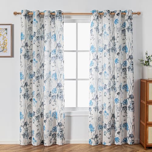 Image of MYSKY HOME Linen Curtains for Living Room 84 inch Length 2 Panels with Floral Pattern Semi Sheer Light Filtering Privacy Window Drapes for Bedroom Dining Room Patio, Navy Blue, 2 Pcs