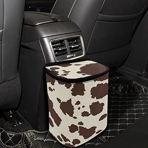 Image of Brown Cow Car Trash Can with Lid Collapsible Reusable Waterproof Car Garage Bag, Cow Print Automotive Garbage Can, Car Accessories Interior Car Organizer with Adjustable Straps