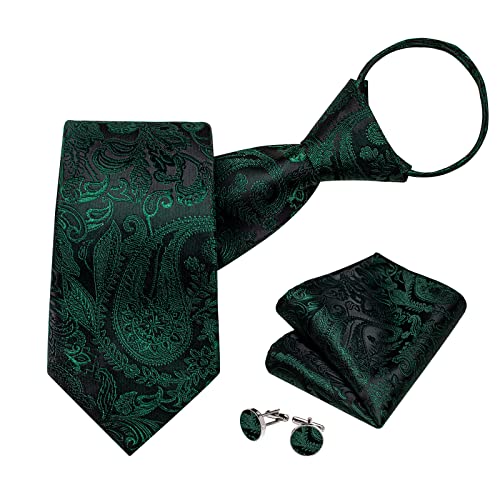 Image of DiBanGu Silk Zipper Ties for Men,Paisley Solid Plaid Pre-tied Tie and Pocket Square Cufflinks Set Formal Adjustable Necktie
