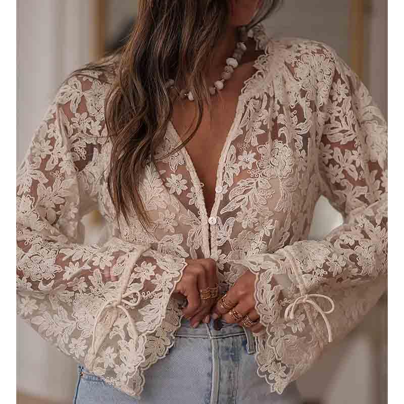 Women's Sexy Hollow lace Shirt with Flower Pattern V-Neck Long Sleeved Cardigan top3
