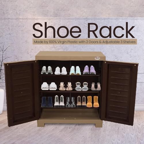Image of Supreme Fusion SR 01 Plastic Shoe Rack Cabinet, Brown and Beige, 2 Door with 3 Adjustable Shelves, Water and Rust Proof