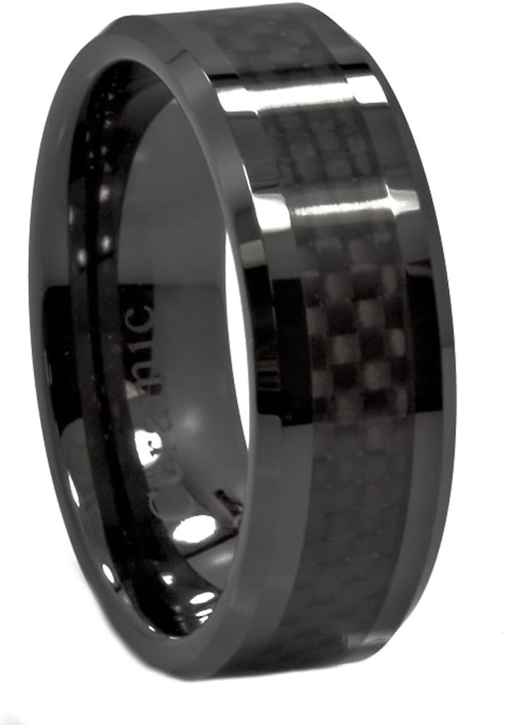 Black Ceramic Carbon Fiber Inlay Ring | Recessed Edge or Half Dome | Comfort Fit Band | Non conductive