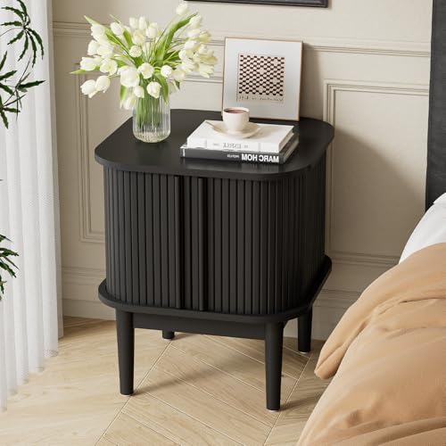 Image of Furniway Mid Century Nightstands Set of 2, Fluted Bedside Tables with Sliding Door Storage, Wooden End Tables with Solid Wood Legs for Bedroom, Black