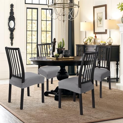 Image of SearchI Stretch Dining Chair Seat Covers Set of 4, Soft Removable Washable Seat Covers for Dining Chairs, Dining Room Seat Cover Protector (Rear-Covered, Twill Jacquard Grey)